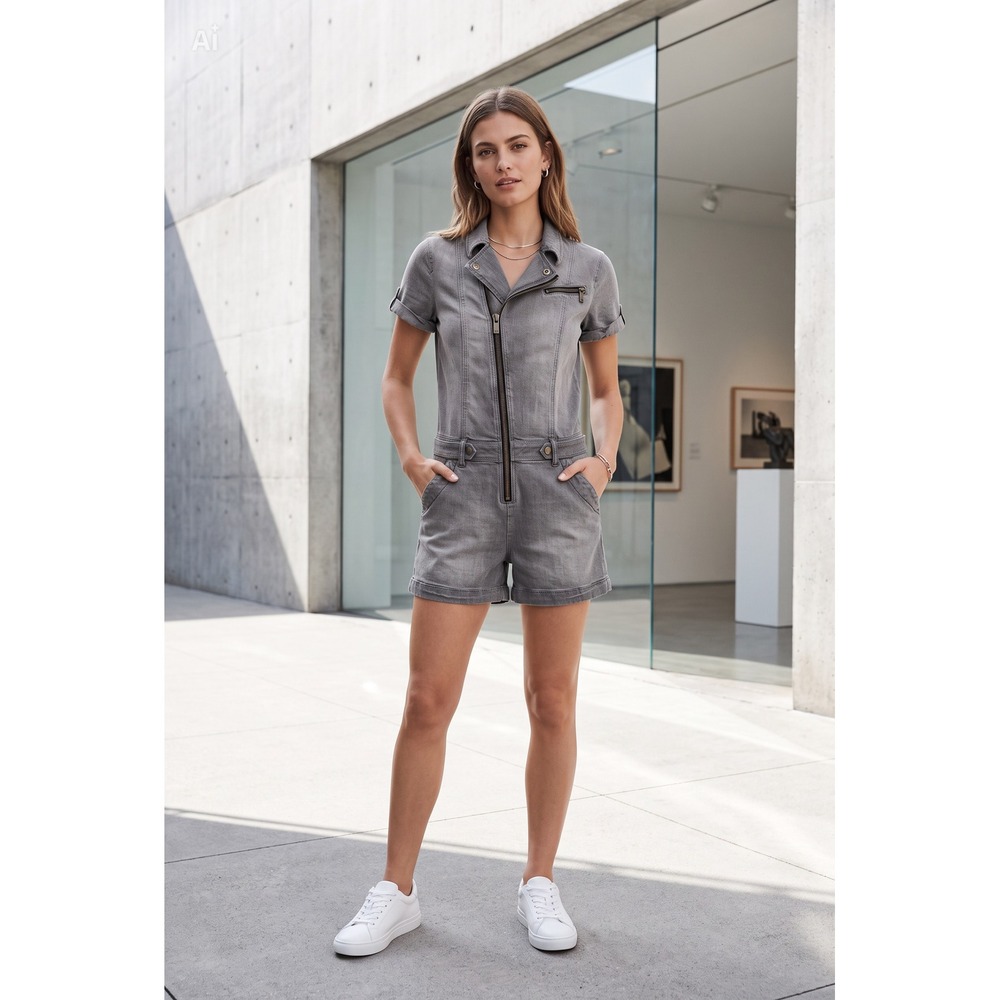 Armani Exchange Gray Denim Romper Short Sleeve Zip Front Utility Playsuit Size 4